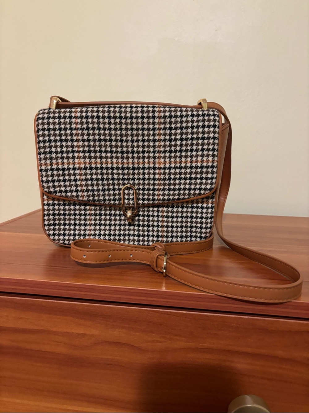 a new day Black & White Houndstooth Crossbody with Brown Trim